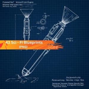May include: A blueprint-style illustration of a futuristic pen-like device, rendered in white lines on a dark blue grid background. The image includes the text "43 Sci-Fi Blueprints (PNG)" in an orange banner. Additional technical drawings and text are also present.