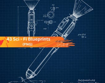 May include: A blueprint-style illustration of a futuristic pen-like device, rendered in white lines on a dark blue grid background. The image includes the text "43 Sci-Fi Blueprints (PNG)" in an orange banner. Additional technical drawings and text are also present.