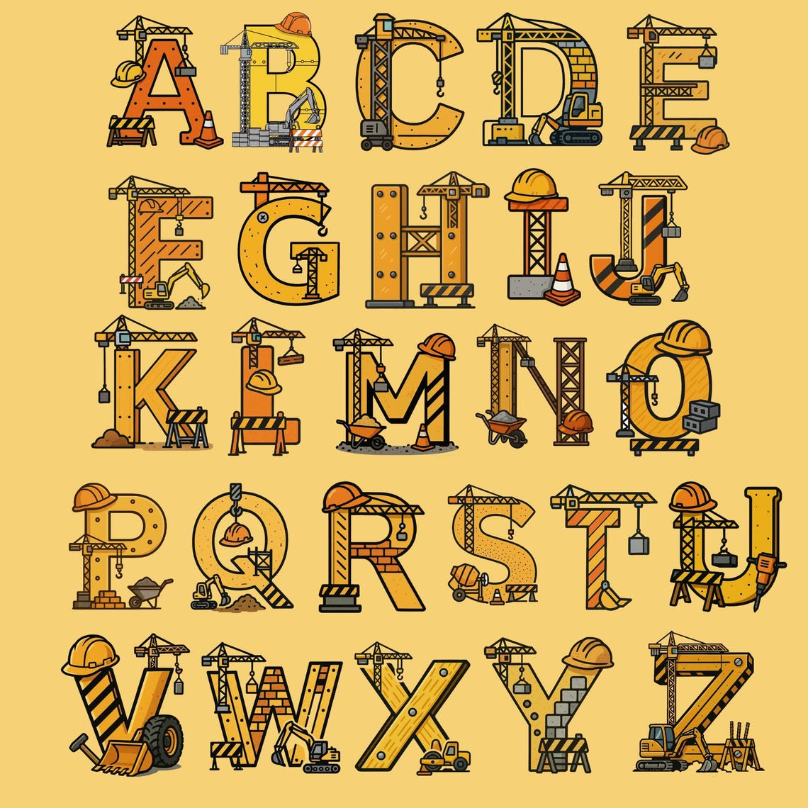 Construction Alphabet Clipart, Builder PNG Letters, Work Site ...