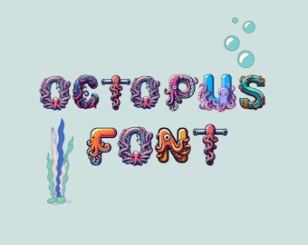 Octopus font, alphabet with tentacle design, kraken letters as png