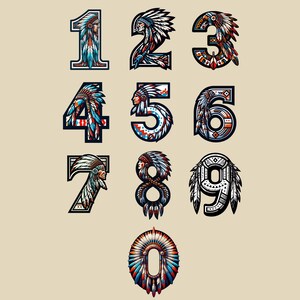 May include: A set of ten colorful numbers, each decorated with a Native American headdress. The numbers are in a bold, black font and are outlined in white. The headdresses are detailed with feathers, beads, and other traditional elements.