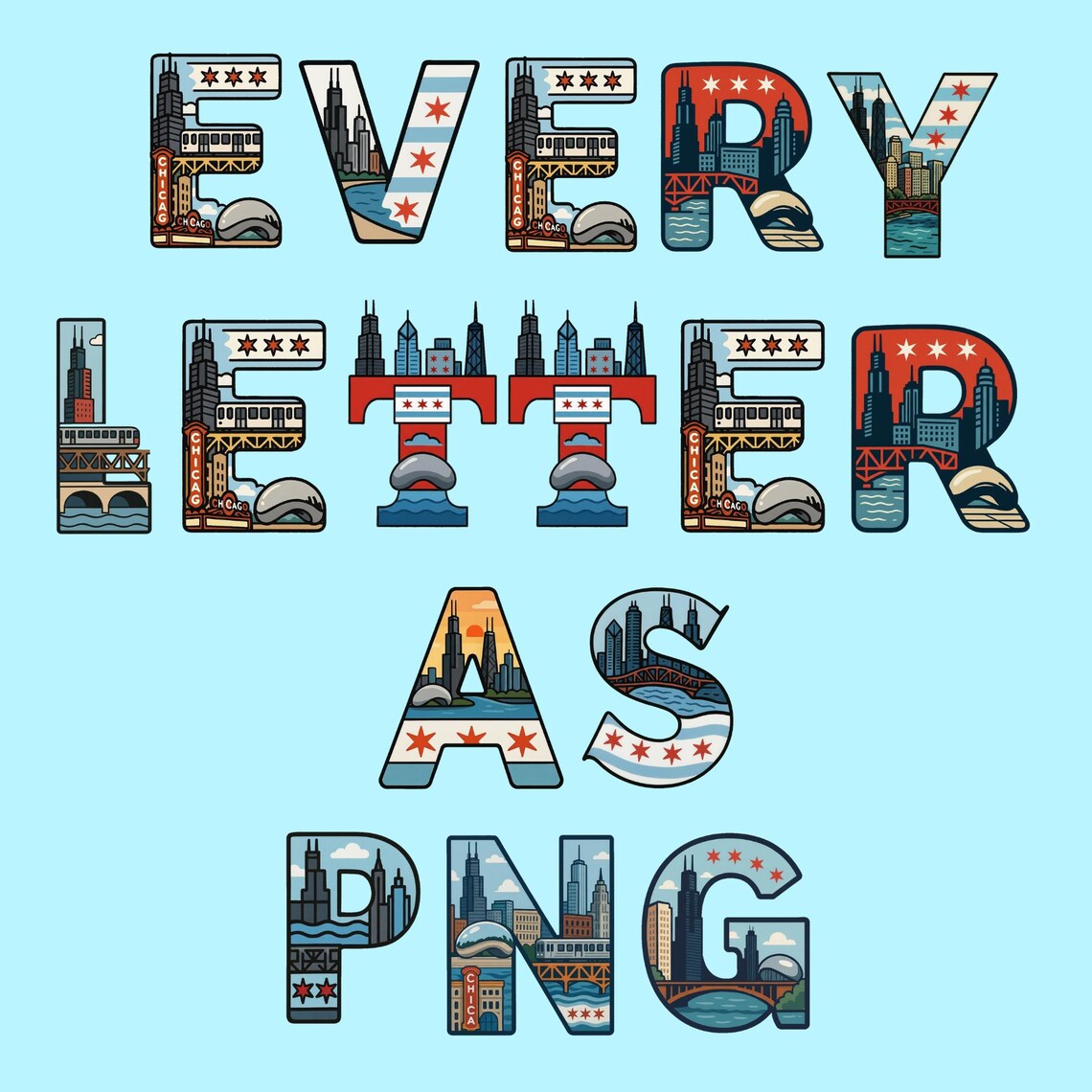 Chicago Alphabet Clipart, Windy City Letters PNG, Illinois Skyline ...