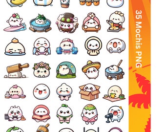 Könnte beinhalten: 35 bunte Illustrationen von Mochi-Charakteren in verschiedenen Posen und Aktivitäten. Die Mochi-Charaktere sind weiß mit verschiedenen Gesichtsausdrücken und tragen verschiedene Outfits und Accessoires.