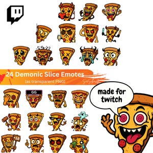 Op de afbeelding: Een verzameling van 24 cartoon pizza slice emotes met verschillende uitdrukkingen, waaronder duivelshoorns, zonnebrillen en tranen. De tekst luidt "24 Demonic Slice Emotes" en "made for twitch". Een Twitch-logo staat linksboven.
