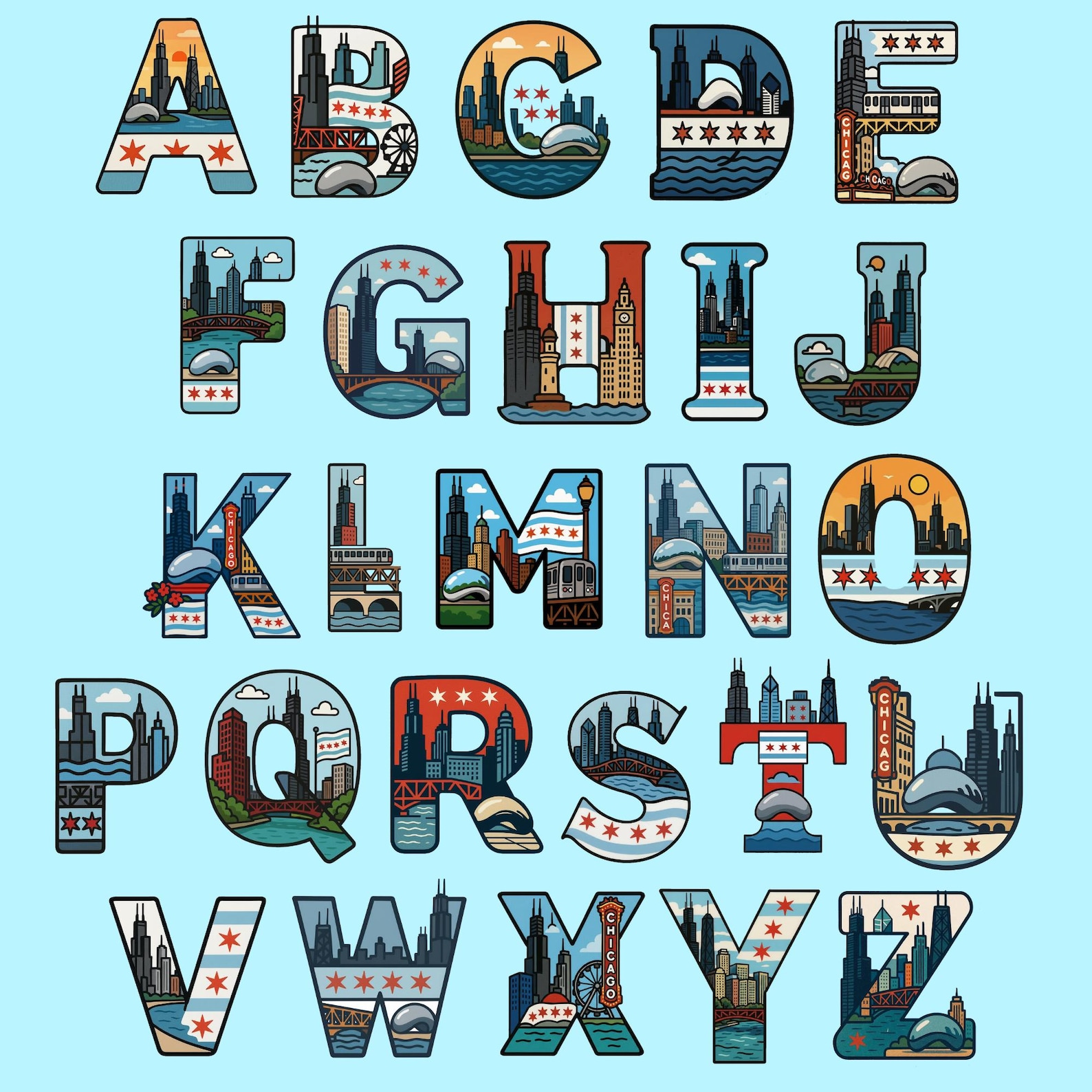 Chicago Alphabet Clipart, Windy City Letters PNG, Illinois Skyline ...