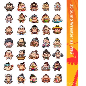 Könnte beinhalten: Ein Set mit 35 Cartoon-Illustrationen von Sumo-Ringer in verschiedenen Posen und Aktivitäten. Die Ringer sind in einer Vielzahl von Farben und Stilen dargestellt, darunter traditionelle Sumo-Kleidung, moderne Kleidung und sogar einige, die Badeanzüge tragen. Die Illustrationen eignen sich perfekt für den Einsatz in einer Vielzahl von Projekten, wie z. B. Websites, sozialen Medien und Druckmaterialien.