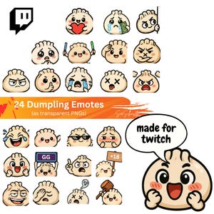 May include: A collection of 24 dumpling emotes with various expressions, including happy, sad, and angry. The text "24 Dumpling Emotes" and "made for twitch" are visible. The emotes are designed as transparent PNGs.