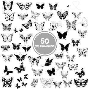 May include: A set of 50 black and white butterfly silhouette SVG, PNG, JPG, and PSD files. The butterflies are in various poses and sizes.
