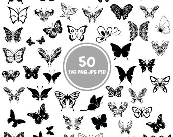 May include: A set of 50 black and white butterfly silhouette SVG, PNG, JPG, and PSD files. The butterflies are in various poses and sizes.