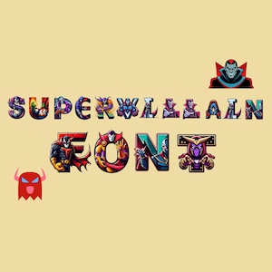Puede incluir: Ilustración digital de la frase "SUPERVILLAIN FONT" en letras coloridas y estilizadas. Cada letra está diseñada con un personaje de villano único. Un fantasma rojo con cuernos está en la esquina inferior izquierda.