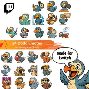 Puede incluir: Un conjunto de 24 emoticonos de dodo para Twitch, con diversas poses y expresiones. Los colores principales son azul, marrón y naranja. El texto incluye "24 Dodo Emotes" y "made for twitch".
