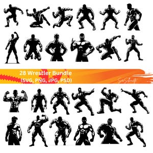 Wrestler SVG Bundle, 28 wrestling designs, PNG, PSD