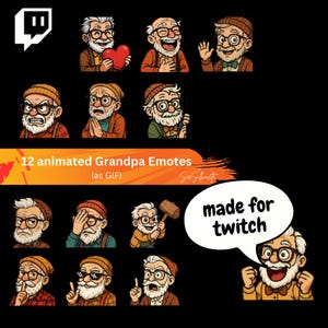 Pode incluir: Um conjunto de 12 emotes animados de avô com várias expressões, incluindo segurar um coração, rir e acenar. O texto "12 animated Grandpa Emotes (as GIF)" e "made for twitch" é exibido.