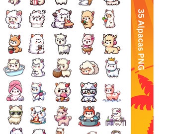 Könnte beinhalten: 35 digitale Illustrationen von niedlichen Cartoon-Alpakas in verschiedenen Posen und Aktivitäten. Die Alpakas sind weiß mit schwarzen Augen und Nasen. Sie tragen verschiedene Outfits und Accessoires, wie Hüte, Sonnenbrillen und Kopfhörer. Die Alpakas sind vor einem weißen Hintergrund platziert.