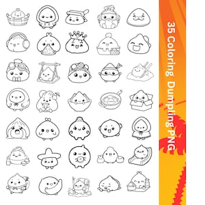 May include: A set of 35 black and white line drawings of cute dumplings in various poses and situations. The dumplings have different facial expressions and are wearing different accessories.  35 Coloring Dumpling PNG.