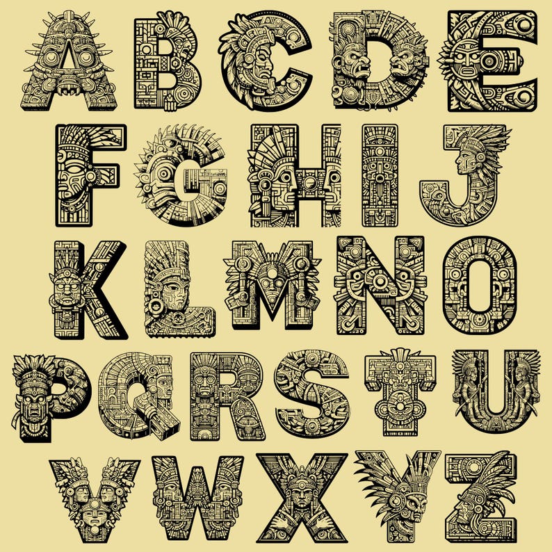 Aztec Coloring Font, Alphabet With Aztec Design, Aztec Letters as Png ...
