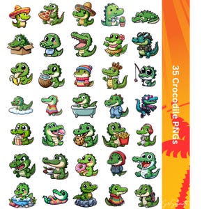 May include: A set of 35 cartoon crocodile PNGs. The green crocodiles are shown in different outfits and poses, including hats, sweaters, and accessories. Some are holding food items like pizza and donuts. The image has a white background with an orange and yellow border. Text on the right says "35 Crocodile PNGs".