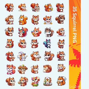 May include: A collection of 35 cartoon squirrel PNG images in various poses and outfits. The squirrels are depicted in a cute, stylized manner, with vibrant colors and detailed designs. The image includes text that reads "35 Squirrel PNG".