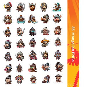 May include: A collection of 35 cartoon Mongolian PNGs. Each character is depicted in various poses and activities, wearing traditional armor and helmets. Some characters hold weapons, food, or ride vehicles. The image has a bright orange and yellow background.