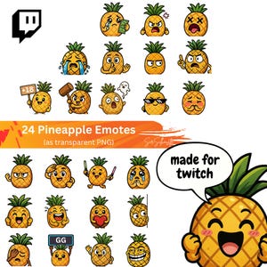 Könnte beinhalten: Eine Sammlung von 24 Ananas-Emotes mit verschiedenen Ausdrücken, darunter weinen, wütend und glücklich. Der Text "24 Pineapple Emotes" und "made for twitch" sind sichtbar. Die Emotes sind als transparente PNGs konzipiert.