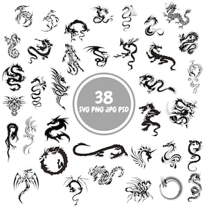 May include: A set of 38 black and white dragon SVG, PNG, JPG, and PSD files. The dragons are in various poses and styles, including tribal, traditional, and modern.
