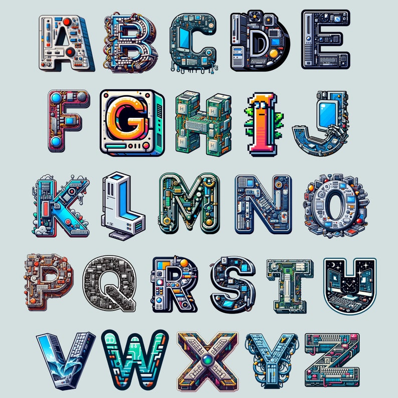 Computer Font, Alphabet With Tech Design, Cyber Letters as Png - Etsy