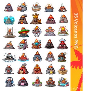 Op de afbeelding: 35 cartoon-vulkaanillustraties in verschillende poses en activiteiten, waaronder het dragen van hoeden, het vasthouden van voedsel en het maken van muziek. De illustraties zijn in een heldere, kleurrijke stijl en zijn perfect voor gebruik in digitale projecten.