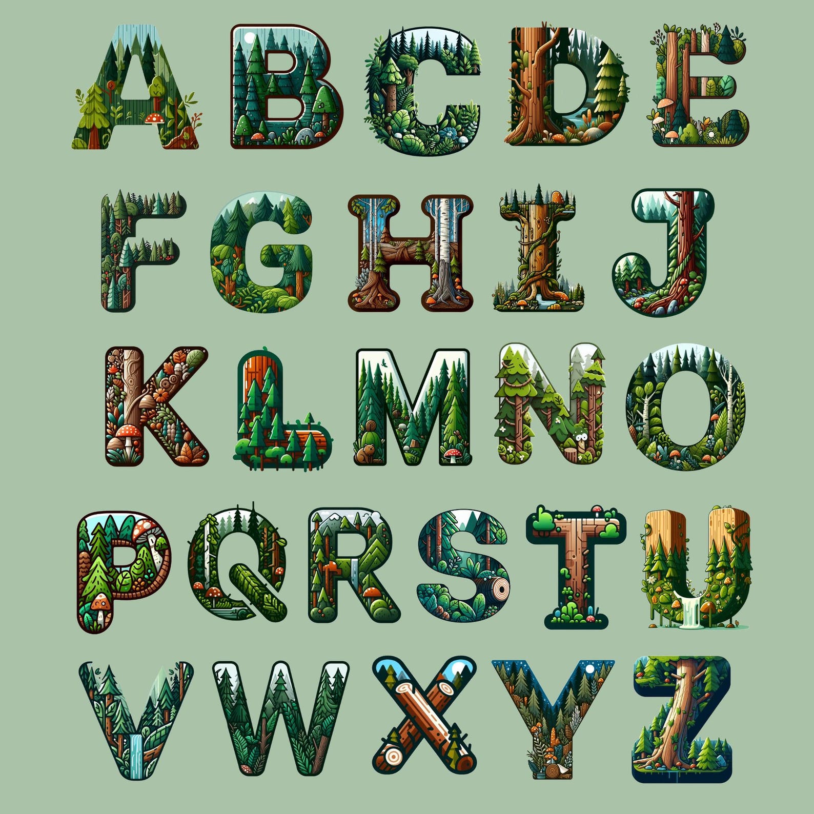 Forest Alphabet Clipart, Woodland Letters PNG, Pine Tree Sublimation ...