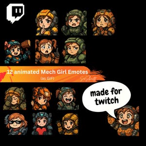 Mechanical Girl Emotes, Animated Twitch Stickers, Cyberpunk Robot Waifu, Sci-Fi Discord Graphics, Gamer Streamer Assets
