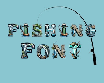 May include: A colorful fishing font with the word "FISHING FONT" spelled out in a cartoon style. Each letter is decorated with fishing-themed imagery, including fish, fishing rods, and lures.