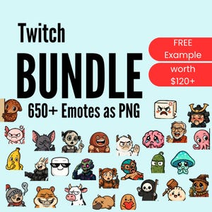 Könnte beinhalten: Hellblaue Grafik mit dem Wort „Twitch“ über „BUNDLE“ in großen schwarzen Buchstaben. Darunter steht „650+ Emotes as PNG“. Das Bild enthält verschiedene Cartoon-Emotes und ein rotes Banner mit der Aufschrift „FREE Example im Wert von 110 € ".