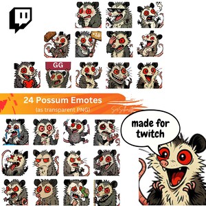 May include: A collection of 24 possum emotes in various expressions, designed as transparent PNGs. The emotes feature possums with red eyes, in different poses, and with accessories. The text "made for twitch" is included.