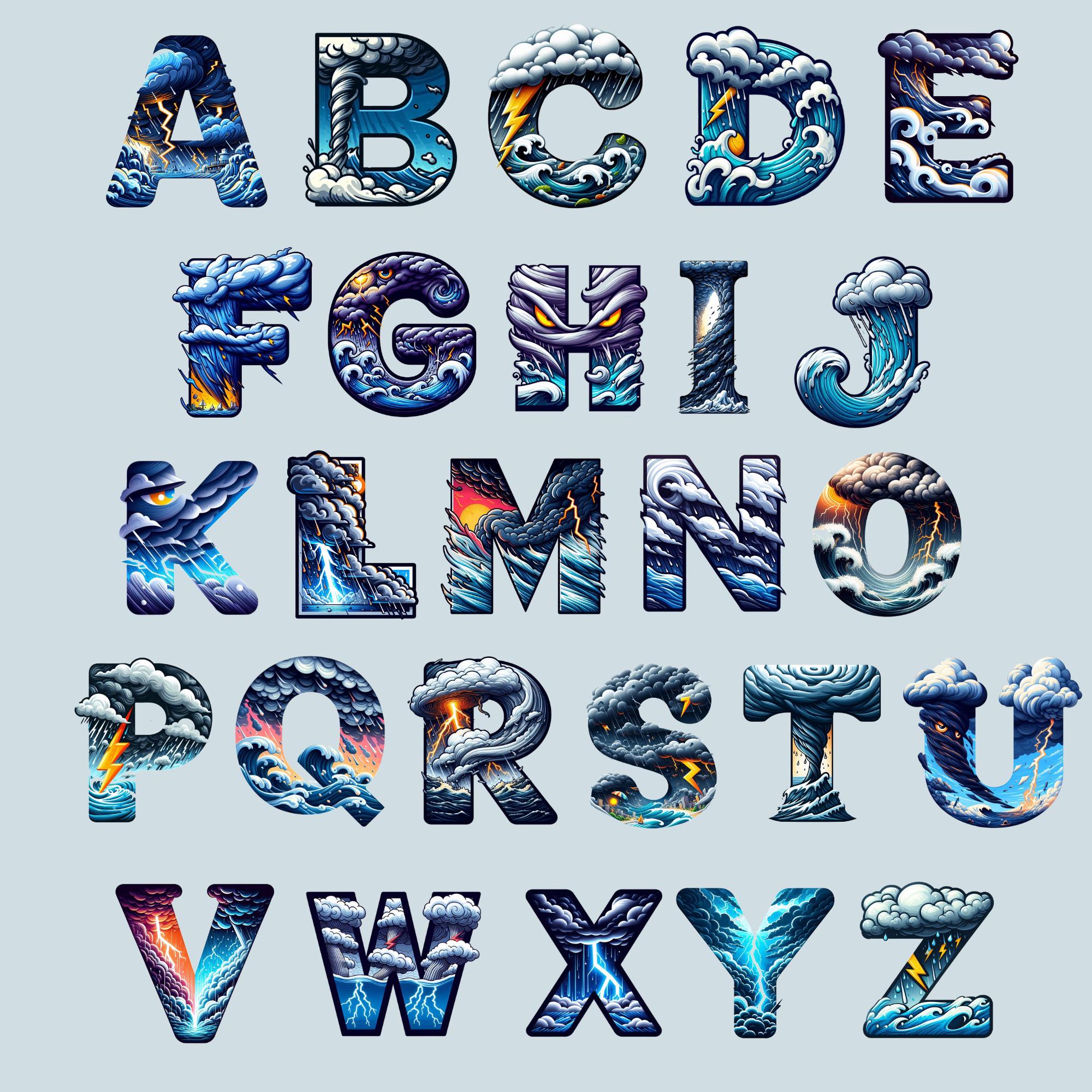 Storm Alphabet Clipart, Thunder Letters PNG, Lightning Bolt Sublimation ...