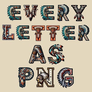May include: Every letter of the word "EVERY LETTER AS PNG" is depicted as a stylized letter with a Native American headdress design. The letters are in a bold, black font with colorful details.