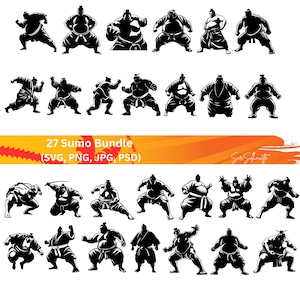 May include: A set of 27 black and white silhouette illustrations of sumo wrestlers in various poses. The illustrations are in a vector format and can be used for commercial and personal projects. 27 Sumo Bundle (SVG, PNG, JPG, PSD)