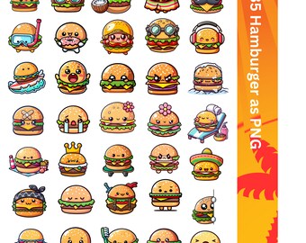 Puede incluir: 35 ilustraciones de hamburguesas de dibujos animados con diferentes expresiones y accesorios. Las hamburguesas llevan gafas de sol, sombreros, trajes de baño y otros artículos.