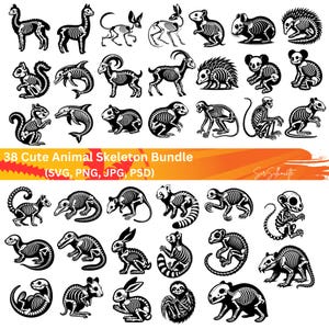 May include: A set of 38 black and white illustrations of cute animal skeletons. The animals include a squirrel, dolphin, llama, rabbit, hedgehog, monkey, sloth, and more. The illustrations are perfect for use in crafts, scrapbooking, or digital design.