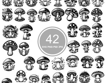 May include: A set of 42 black and white illustrations of mushrooms. The illustrations are in a variety of styles, some with dots, some with stripes, and some with a more realistic look. The illustrations are perfect for use in crafting, scrapbooking, or other creative projects.