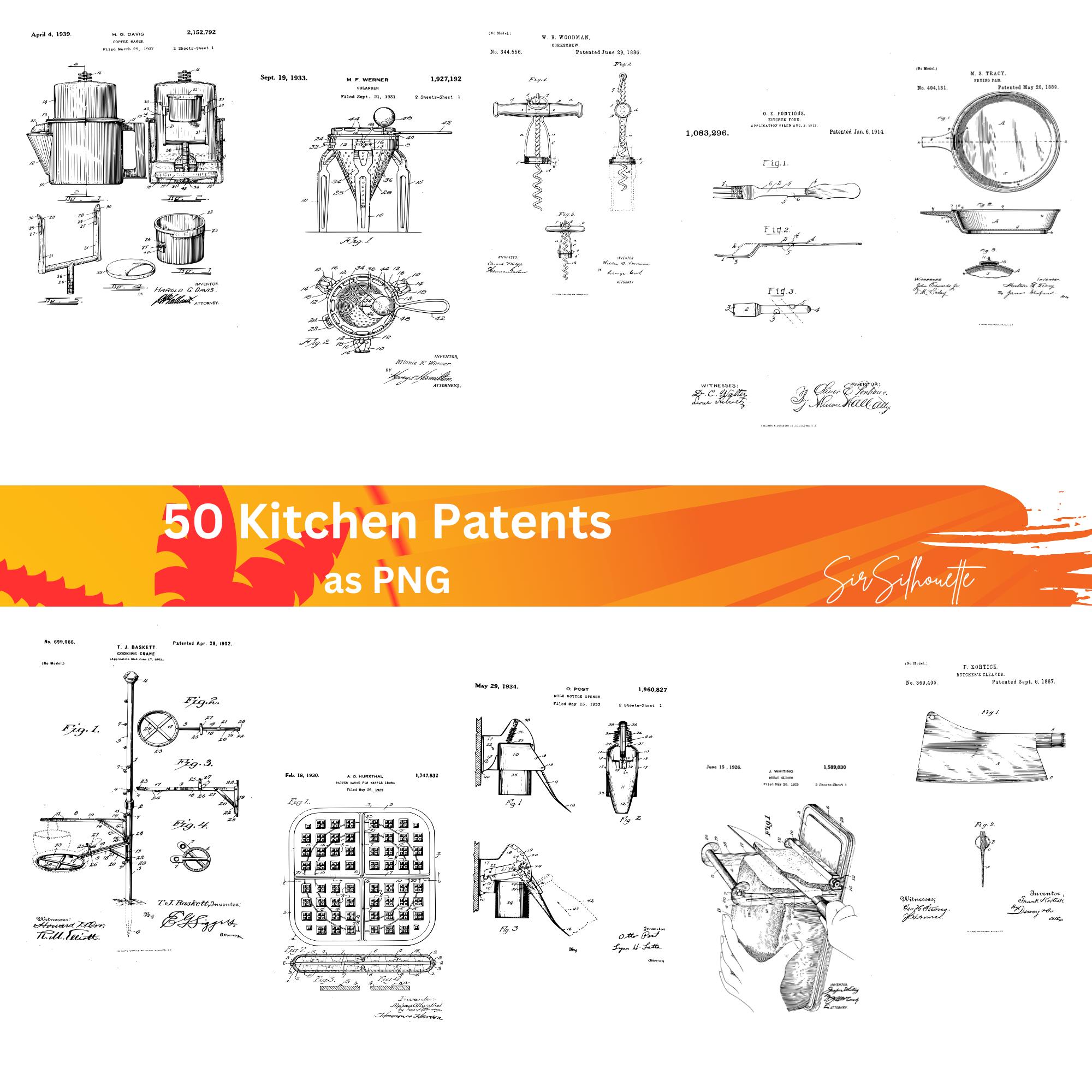 50 brevetti per elettrodomestici da cucina, illustrazioni di cucine vintage, brevetti come PNG