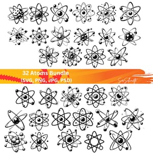 Może przedstawiać: Zestaw 32 ilustracji atom&oacute;w w czerni i bieli. Każdy atom ma centralny rdzeń z orbitującymi elektronami. Obraz zawiera tekst "32 Atoms Bundle (SVG, PNG, JPG, PSD)" w kolorze ż&oacute;łtym i pomarańczowym, idealny do projekt&oacute;w cyfrowych.
