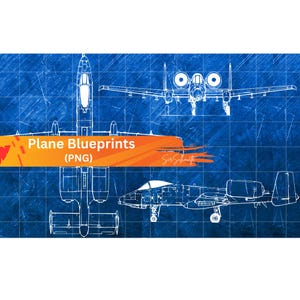 Könnte beinhalten: Blaupausen eines Flugzeugs in weißen Linien auf blauem Hintergrund. Das Bild zeigt verschiedene Ansichten des Flugzeugs, einschließlich Ober-, Vorder- und Seitenansichten. Der Text auf dem Bild lautet "Plane Blueprints (PNG)".