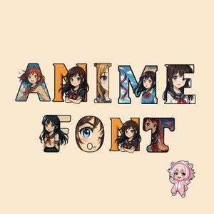 Puede incluir: Diseño de fuente Anime con ilustraciones de estilo anime dentro de cada letra. La palabra "ANIME" se muestra encima de "FONT", cada letra muestra un personaje de anime diferente. Un pequeño personaje de anime con un atuendo rosa en la parte inferior.