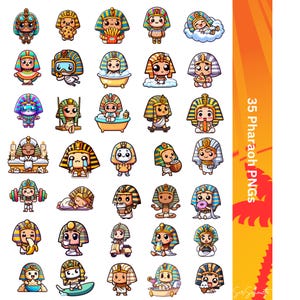 Può includere: Una collezione di 35 PNG di faraoni in stile cartone animato. I faraoni sono raffigurati in varie pose e attività, come mangiare, fare il bagno ed esercitarsi. La tavolozza dei colori include oro, blu e giallo. Il testo recita "35 Pharaoh PNGs".