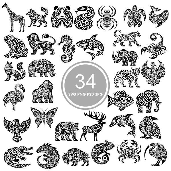 Maori Animal SVG, 34 Maoris Svg Bundle, PNG, PSD