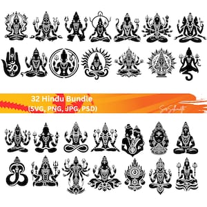 May include: A set of 32 black and white Hindu deity silhouette illustrations. The illustrations include various gods and goddesses, such as Shiva, Vishnu, Brahma, Lakshmi, Saraswati, and Ganesha. The illustrations are in a variety of poses and styles, and are perfect for use in a variety of projects, such as web design, print design, and crafts.
