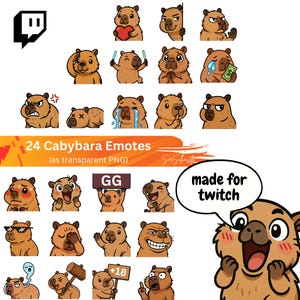 May include: A set of 24 cartoon capybara emotes in shades of brown, each displaying a different emotion, such as holding a heart or looking angry. Text includes "24 Cabybara Emotes" and "made for twitch".