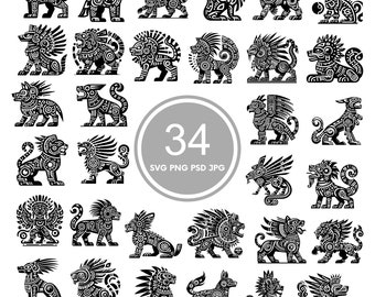 Aztec Animal God Design SVG, 38 svg Bundle, PNG, PSD