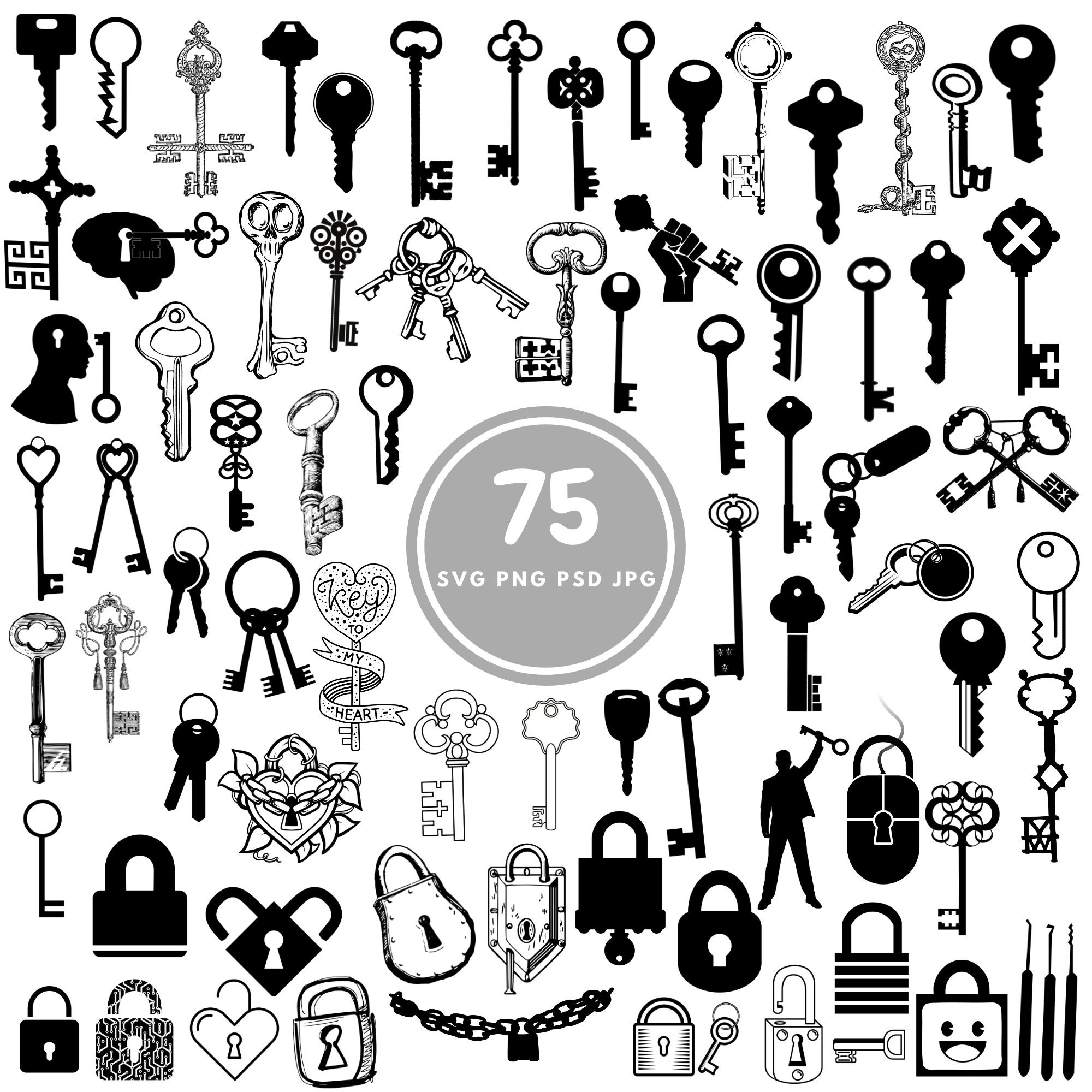 Lock and Key Design SVG, 75 Key Svg Bundle, PNG, PSD Etsy