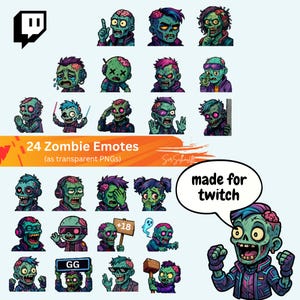 Könnte beinhalten: Eine Sammlung von 24 Zombie-Emotes im transparenten PNG-Format, die Zombies in verschiedenen Posen und mit unterschiedlichen Gesichtsausdrücken zeigen. Der Text enthält "24 Zombie Emotes" und "made for twitch".