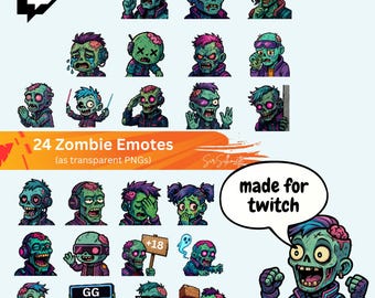 May include: A collection of 24 zombie emotes in various poses and expressions, designed as transparent PNGs. The emotes feature green-skinned zombies with different hairstyles and outfits. Text includes "24 Zombie Emotes" and "made for twitch".